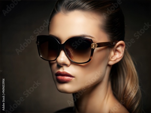 Fashion portrait of a woman wearing oversized sunglasses with stylish makeup in a dramatic light