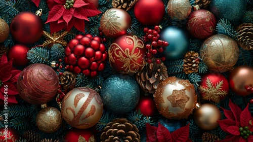 A vibrant collection of Christmas decorations featuring red and gold ornaments, pinecones, and festive details, capturing the holiday spirit.