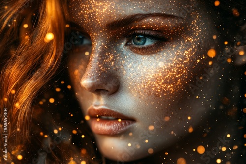 Fractal geometry noosphere sensory integration neuroplasticity and membrane potential portrait of a woman with golden light particles around her face in an ethereal digital setting photo