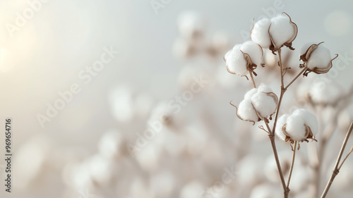 Serene and minimalist close-up of cotton flowers on delicate branches against a soft, pastel background, symbolizing purity, natural beauty, and eco-consciousness in textile production #969654716