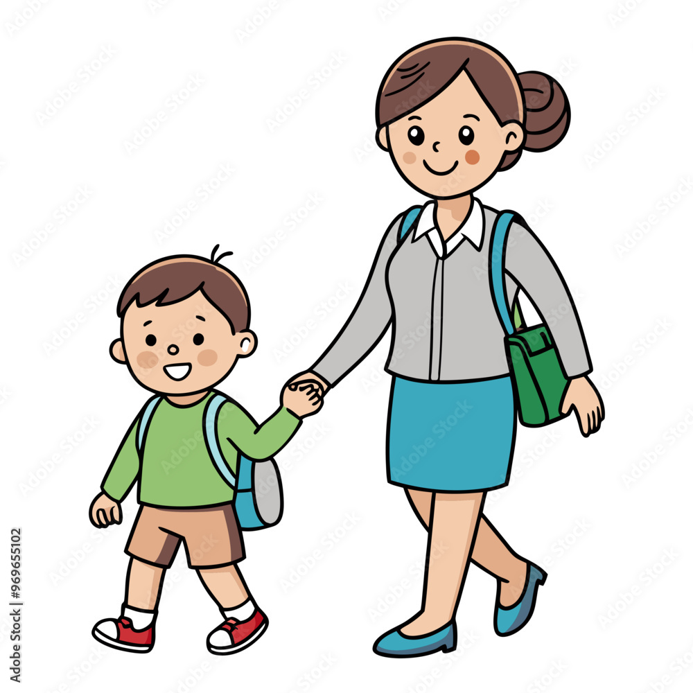 Smiling mother walking hand in hand with her young son on the way to school Smiling mother walking hand in hand with her young son on the way to school