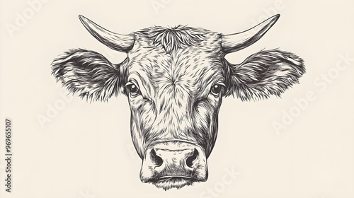 Cow head hand drawn sketch logo, black and white engraving illustration style, vector 