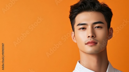 Portrait of a young man on an orange background.