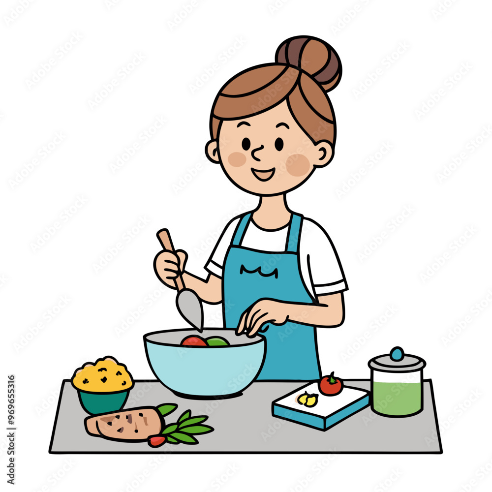 Happy young woman cooking in the kitchen with fresh ingredients in a cheerful atmosphere Happy young woman cooking in the kitchen with fresh ingredients in a cheerful atmosphere