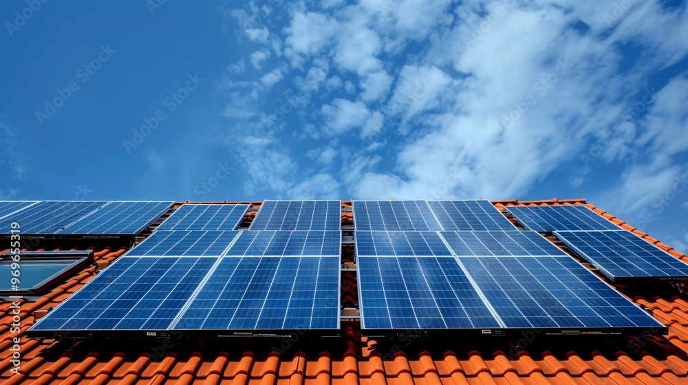 Solar panel installation on a rooftop harnesses sunlight to generate clean, renewable electricity for the home Solar panel installation on a rooftop harnesses sunlight to generate clean, renewable electricity for the home