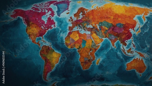 Artistic world map with vibrant colors and design.