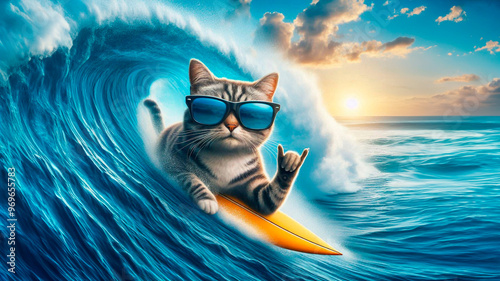 Cool cat in sunglasses surfing conquers high waves