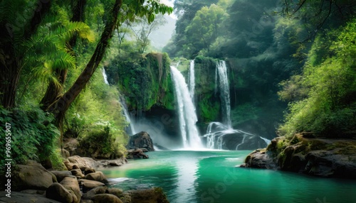 Misty enchanted waterfall in rainforest. Generated with AI