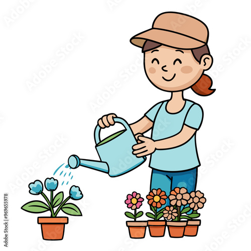 Cheerful young woman watering flowers in pots with a joyful expression in a gardening atmosphere