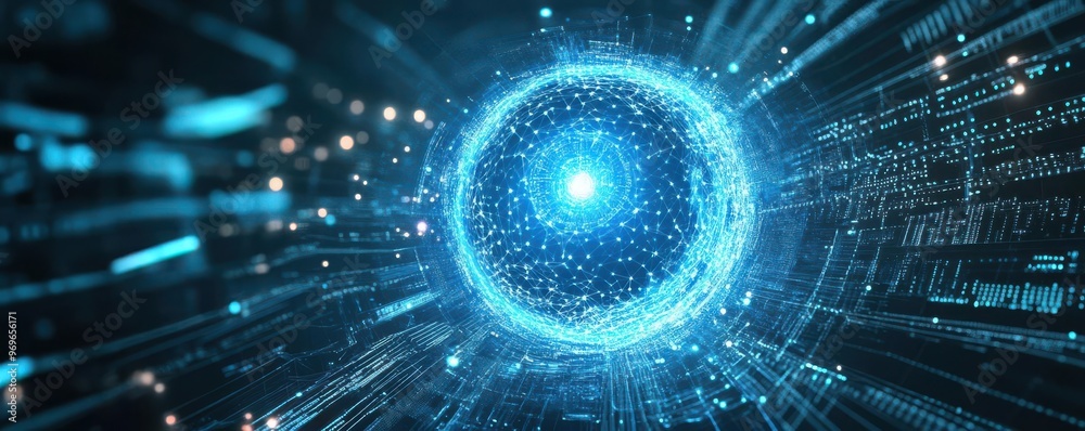 Obraz premium Quantum computing core glowing with intense blue energy, surrounded by intricate data streams and abstract algorithmic patterns, set in a futuristic digital environment
