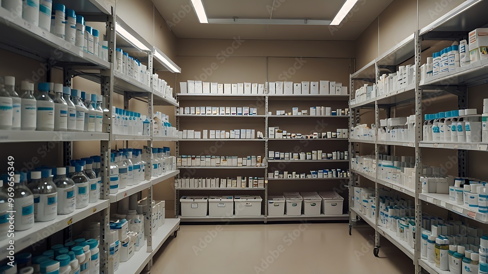 Organized Storage Shelves with Assorted Bottles and Boxes Organized Storage Shelves with Assorted Bottles and Boxes