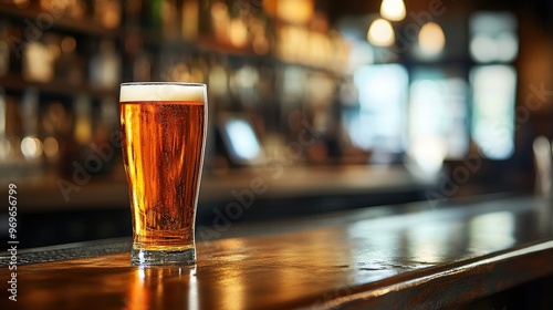 A glass of beer on the bar counter is in the foreground, with a bar blurred background.