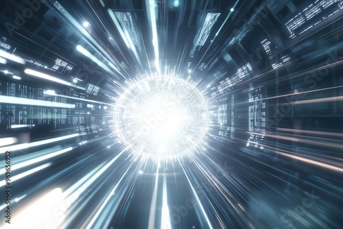 Quantum core emitting bright white energy  with geometric algorithmic patterns and vibrant data streams converging around it  within a sleek  hightech environment