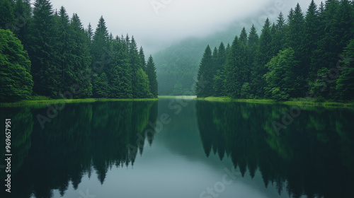 Serene Mountain Lake with fog Rising