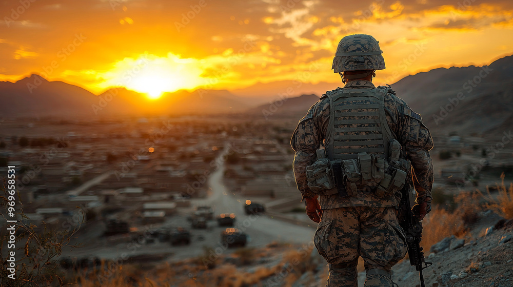 A soldier stands overlooking a town during a beautiful sunset. A soldier stands overlooking a town during a beautiful sunset.