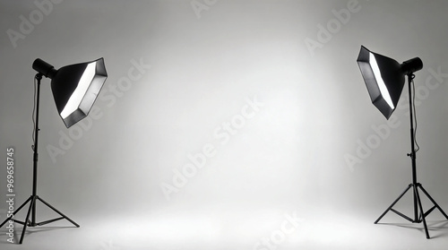 Professional photography studio setup with two softbox lights on stands, illuminating a clean white backdrop, creating an elegant monochromatic environment for portrait or product shoots