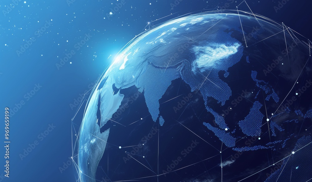 :Illustrated Globe on Blue Background with White Lines Forming Simplified Global Network Connections. :Illustrated Globe on Blue Background with White Lines Forming Simplified Global Network Connections.