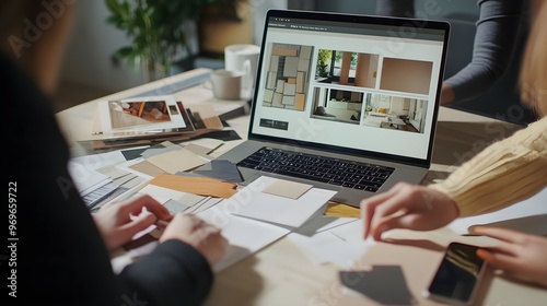 Group of interior architect designer team at table choosing various mood board samples with architecture software on laptop screen Modern renovation and interior material selection