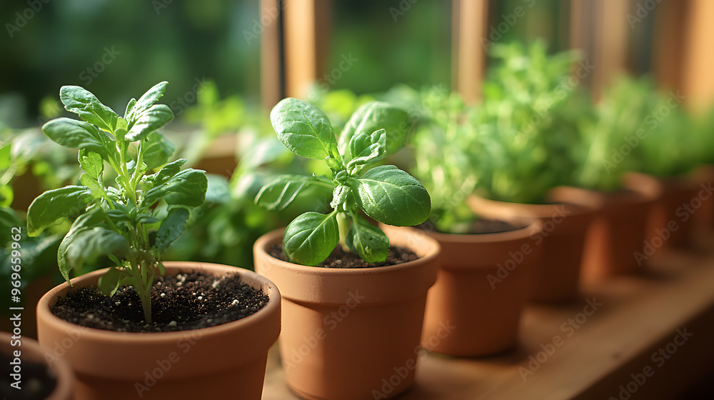 Fresh green basil plants in terracotta pots on a windowsill. Fresh green basil plants in terracotta pots on a windowsill.