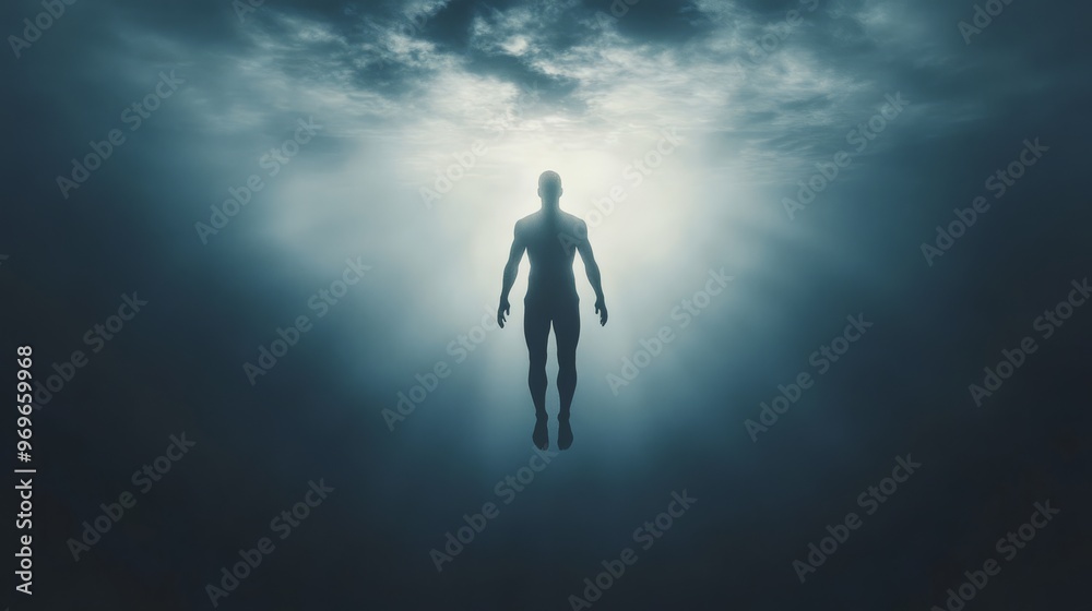 A lone silhouette floats in space bathed in muted colors and ethereal light A lone silhouette floats in space bathed in muted colors and ethereal light