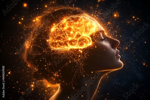 Optogenetics spatial reasoning synaptic depth connectome and neuroinformatics side profile of a glowing human brain with neural connections in a futuristic digital concept