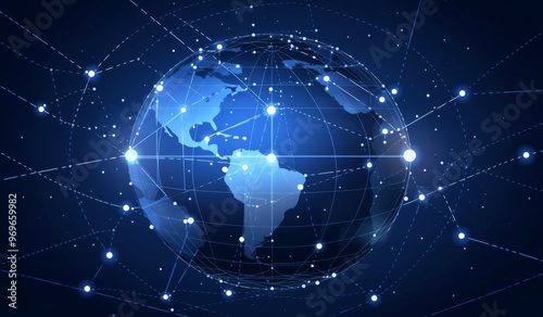 Digital Connections Surrounding the World on Blue Background, Representing Global Network and Connectivity 