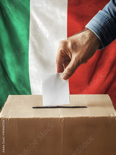 Hand putting a vote into the ballot box on a background of Italiann flag. Elections in Italy photo