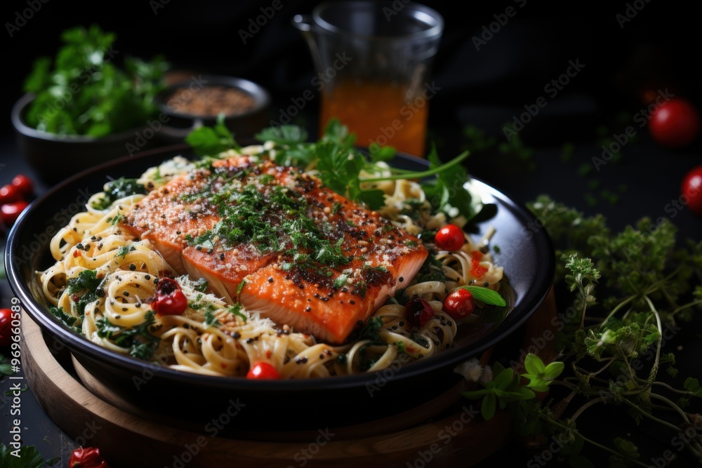 A plate of pasta with salmon and vegetables A plate of pasta with salmon and vegetables
