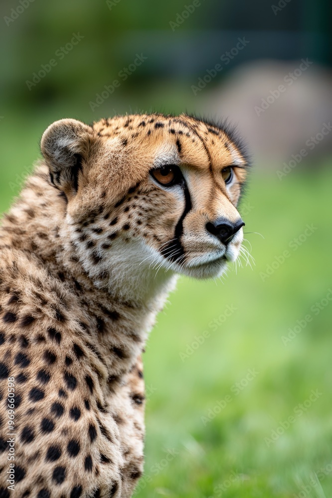 Graceful cheetah gazing thoughtfully in a lush green landscape during a sunny afternoon Graceful cheetah gazing thoughtfully in a lush green landscape during a sunny afternoon