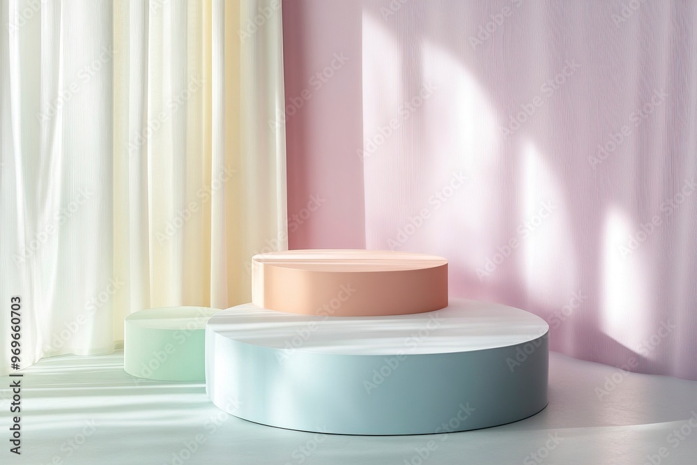 Pastel-colored round podium with soft lighting, creating a warm and welcoming atmosphere for everyday products. generative ai Pastel-colored round podium with soft lighting, creating a warm and welcoming atmosphere for everyday products. generative ai