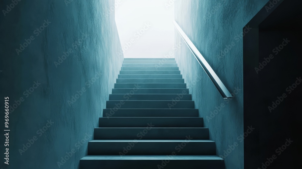 A solitary staircase leads upward bathed in a soft glow evoking mystery and contemplation A solitary staircase leads upward bathed in a soft glow evoking mystery and contemplation