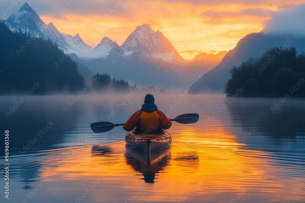 Kayaking at sunrise on a tranquil lake with misty mountains in the background Kayaking at sunrise on a tranquil lake with misty mountains in the background