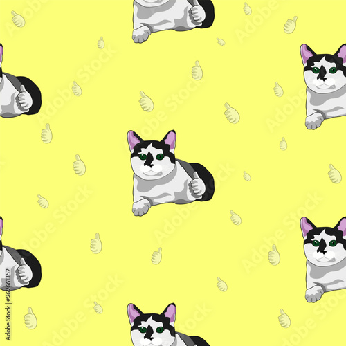 Pattern (infinite picture) of a cat meme - a cat shows a thumbs up (like). The illustration is made in pastel warm colors. The picture conveys a joke, humor, meme.