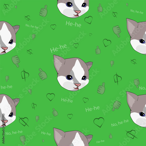 The pattern (infinite picture) of the cat meme is a happy and sad cat. The illustration is made in pastel colors. The picture conveys a joke, humor, meme.