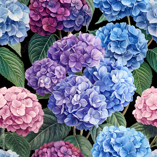 Seamless vector pattern with hydrangea flowers isolated on a changeable background. Vintage painting style illustration.