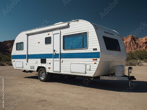 Cartoon drawing of white RV with blue windows.