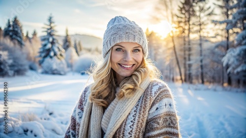 A Nordic woman embodies serenity, her effortless elegance complemented by a cozy knitted cardigan and fleecy hat, amidst a tranquil Scandinavian winter scene.