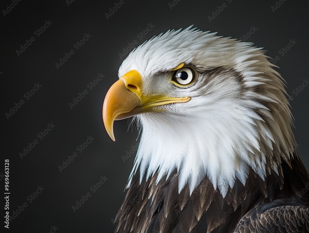 Obraz premium Majestic bald eagle showcasing striking features against a dark backdrop in nature's splendor