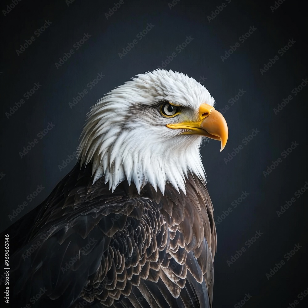 Majestic bald eagle illuminated against a dark background, a symbol of strength and freedom Majestic bald eagle illuminated against a dark background, a symbol of strength and freedom