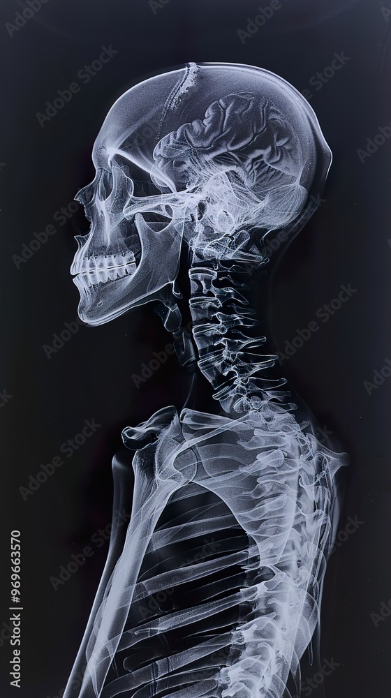 X-Ray Image of Human Skeleton: Skull, Spine, and Ribs X-Ray Image of Human Skeleton: Skull, Spine, and Ribs