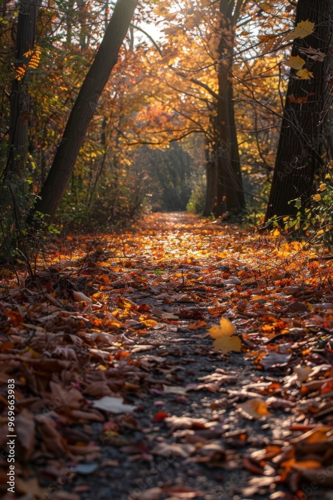 Autumn pathway lined with vibrant fallen leaves in a tranquil forest during golden hour Autumn pathway lined with vibrant fallen leaves in a tranquil forest during golden hour