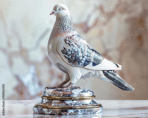 high resolution images Pigeon sculpture, made of shiny material, stunning design, luxurious exhibition scene, very realistic picture photo