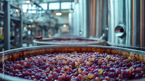 Close up of grape skins in fermentation, showcasing vibrant colors and textures of grapes in large fermentation tanks. scene captures essence of winemaking and transformation process