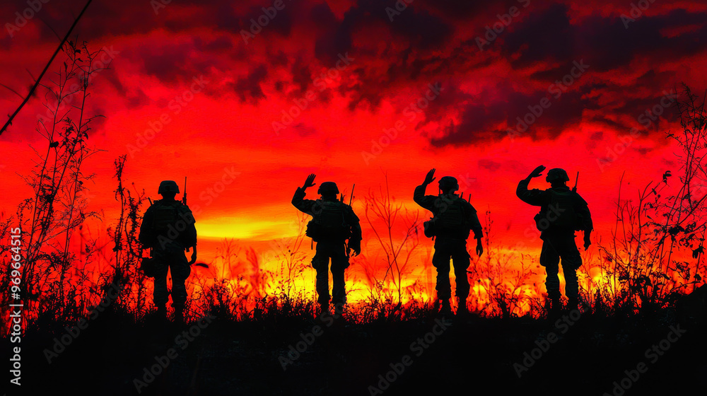 Four soldiers stand in silhouette against a fiery sunset.