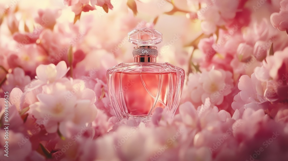 Perfume Bottle Among Pink Flowers. Perfume Bottle Among Pink Flowers.