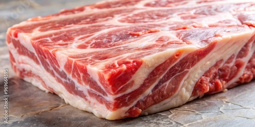 A plump curvilinear shape of marbled pork back fat glistens with succulent fat content, adorned with a crispy white rind that craves tender attention. photo