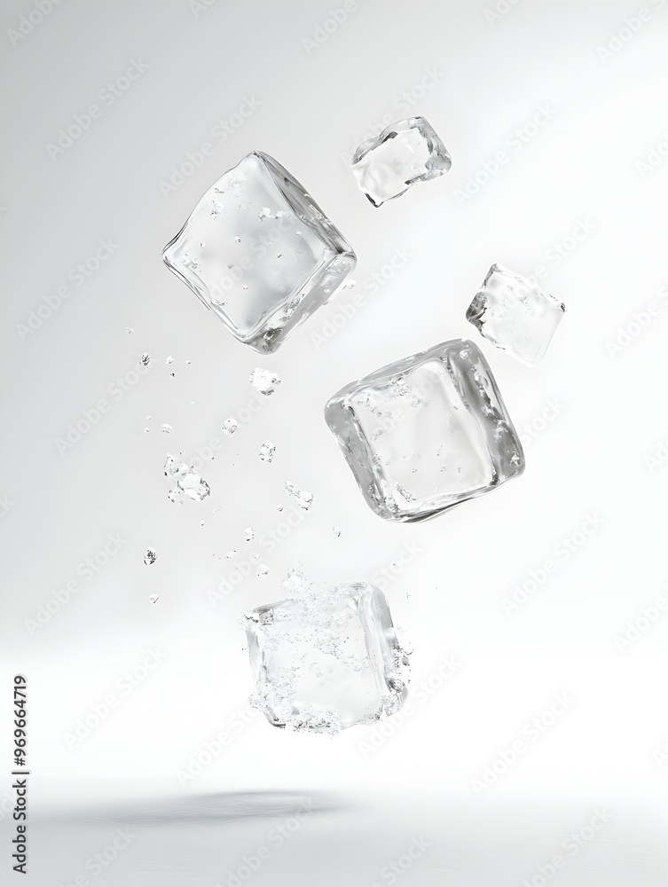 Minimalist still life photography showcasing a group of transparent frozen ice cubes or ice blocks hovering in the air against a clean blank white background Conceptual abstract Minimalist still life photography showcasing a group of transparent frozen ice cubes or ice blocks hovering in the air against a clean blank white background Conceptual abstract