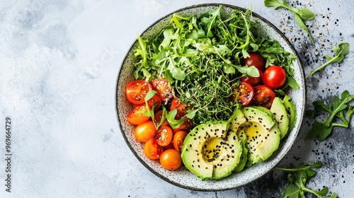A fresh salad bowl with a variety of greens, cherry tomatoes, avocado, and a light vinaigrette, 50 keywords