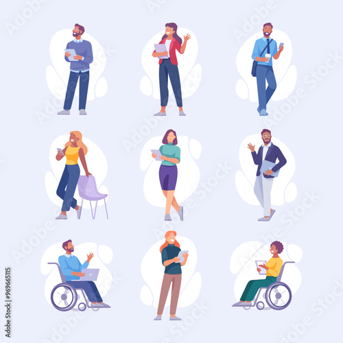 Man and Woman Entrepreneur Character Standing and Use Gadget Vector Set