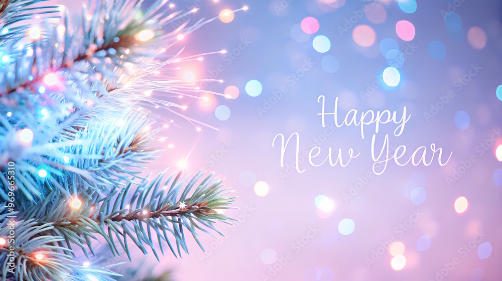 Happy New Year text on festive blue and pink blurred background with Christmas tree branches, Happy New Year greeting card, copy space. Happy New Year text on festive blue and pink blurred background with Christmas tree branches, Happy New Year greeting card, copy space.